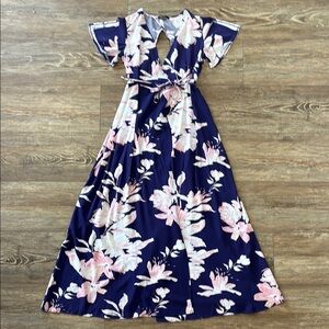 Lulu's Navy and Pink Floral Backless Dress